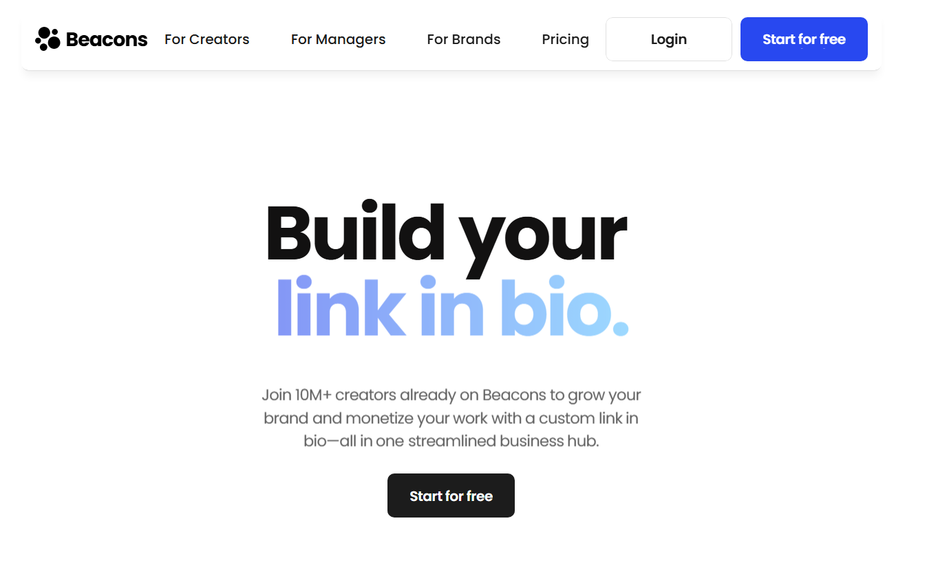 Alt text:*
Homepage hero section of the Beacons website featuring the headline 