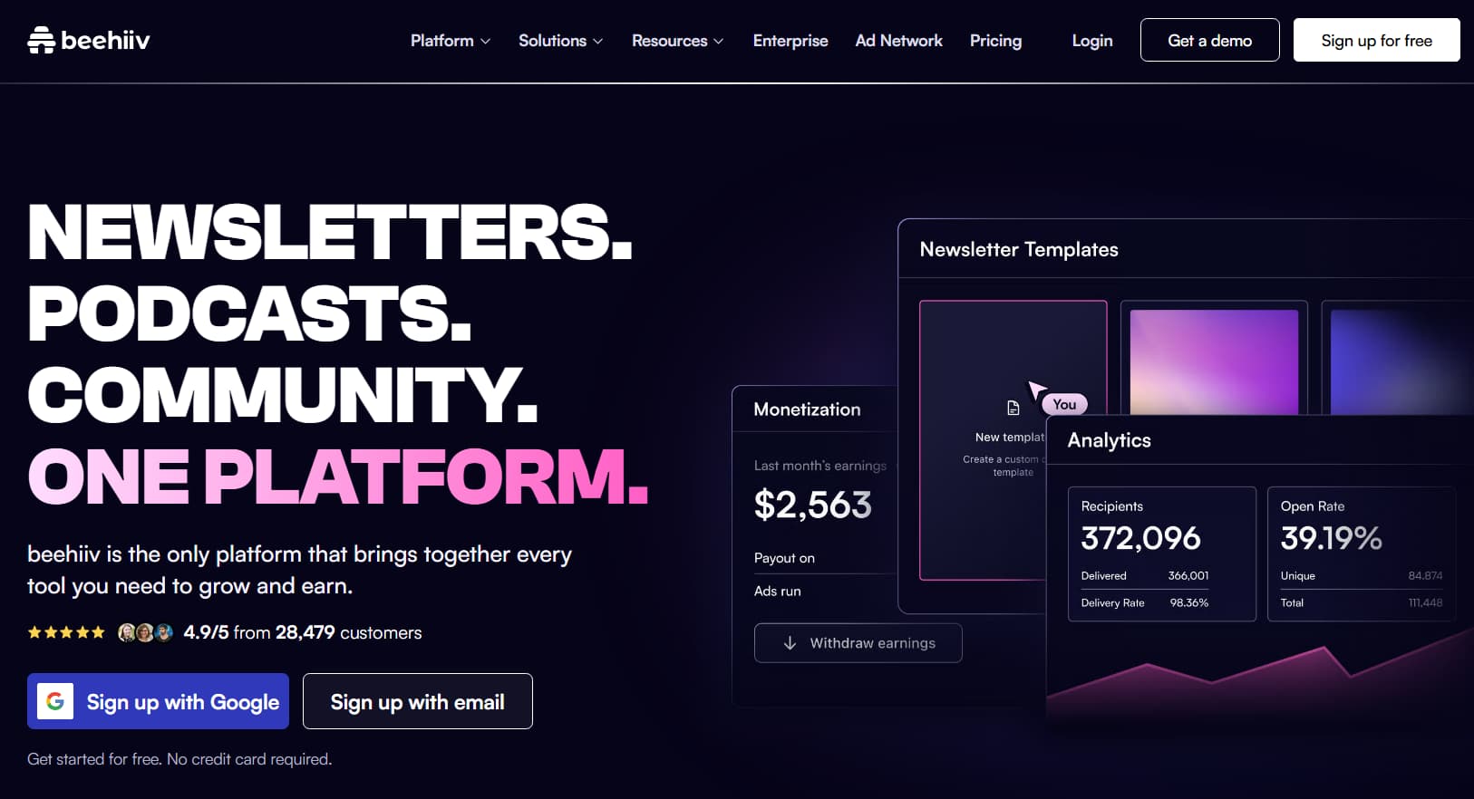 Beehiiv homepage featuring the headline