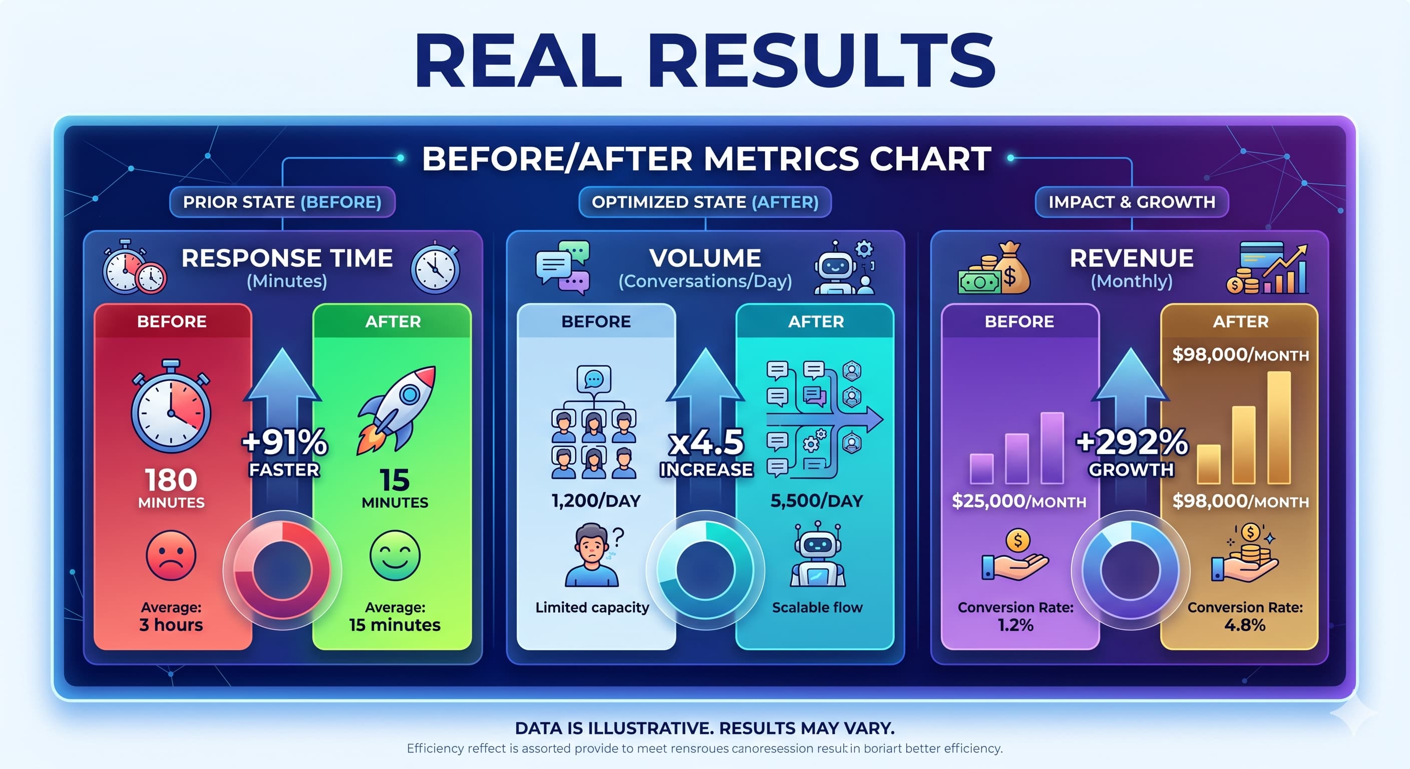 A colorful business infographic dashboard titled