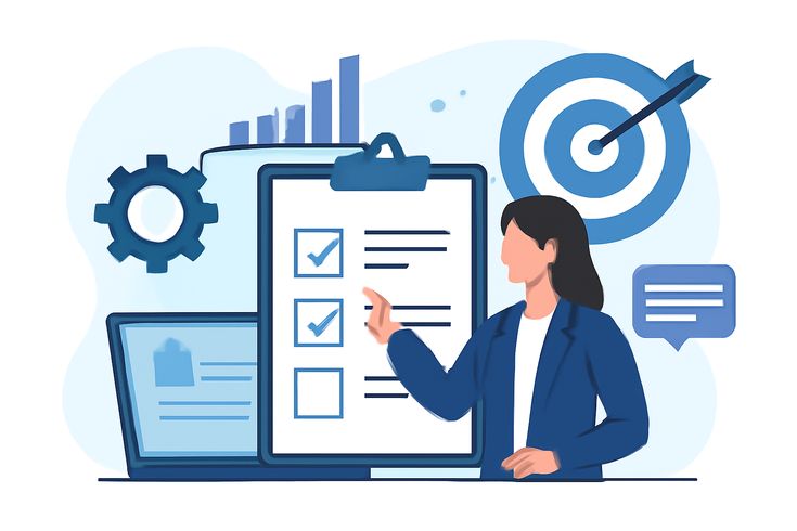 A flat vector illustration in blue tones showing a businesswoman pointing at a large clipboard with a checklist. The first two items on the list have checkmarks, while the third box is empty. Surrounding her are various business and productivity icons, including a gear, an open laptop displaying a document, a rising bar chart, a target with an arrow in the bullseye, and a chat bubble.