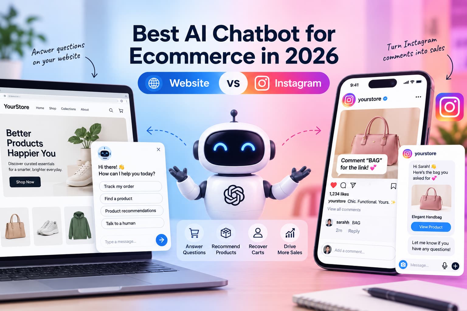Best AI chatbot for ecommerce in 2026 comparing website and Instagram, with an AI chatbot connecting online shopping, product recommendations, customer support, cart recovery, and Instagram sales.
