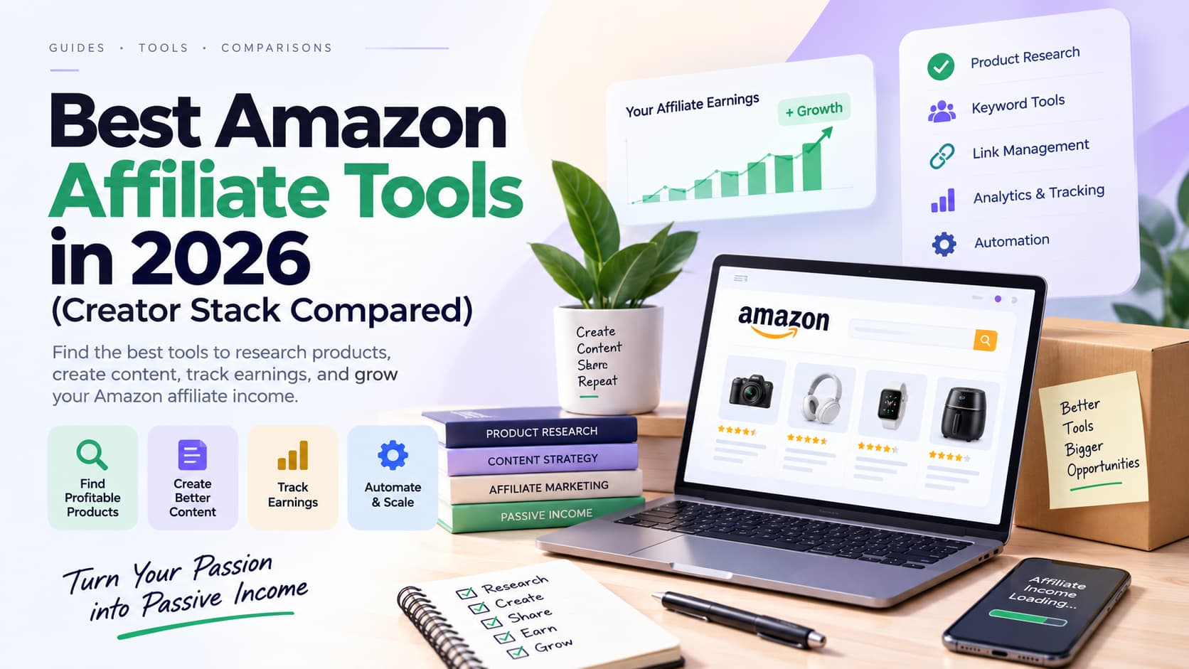 Best Amazon affiliate tools in 2026 shown on a laptop with product research, keyword tools, link management, analytics, and automation features for creators.