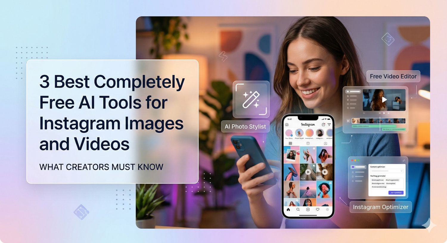 A promotional graphic titled '3 Best Completely Free AI Tools for Instagram Images and Videos - What Creators Must Know.' It features a smiling woman looking at an Instagram profile on her smartphone, surrounded by floating digital icons labeled 'AI Photo Stylist,' 'Free Video Editor,' and 'Instagram Optimizer