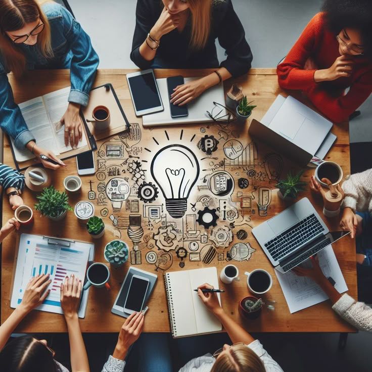Top-down view of a diverse group of people collaborating around a large wooden table. In the center of the table is a prominent illustration of a lightbulb surrounded by intricate sketches of gears, charts, and business icons. The individuals are actively engaged in a brainstorming session, using laptops, smartphones, and notebooks, with coffee cups and small potted plants scattered across the workspace.