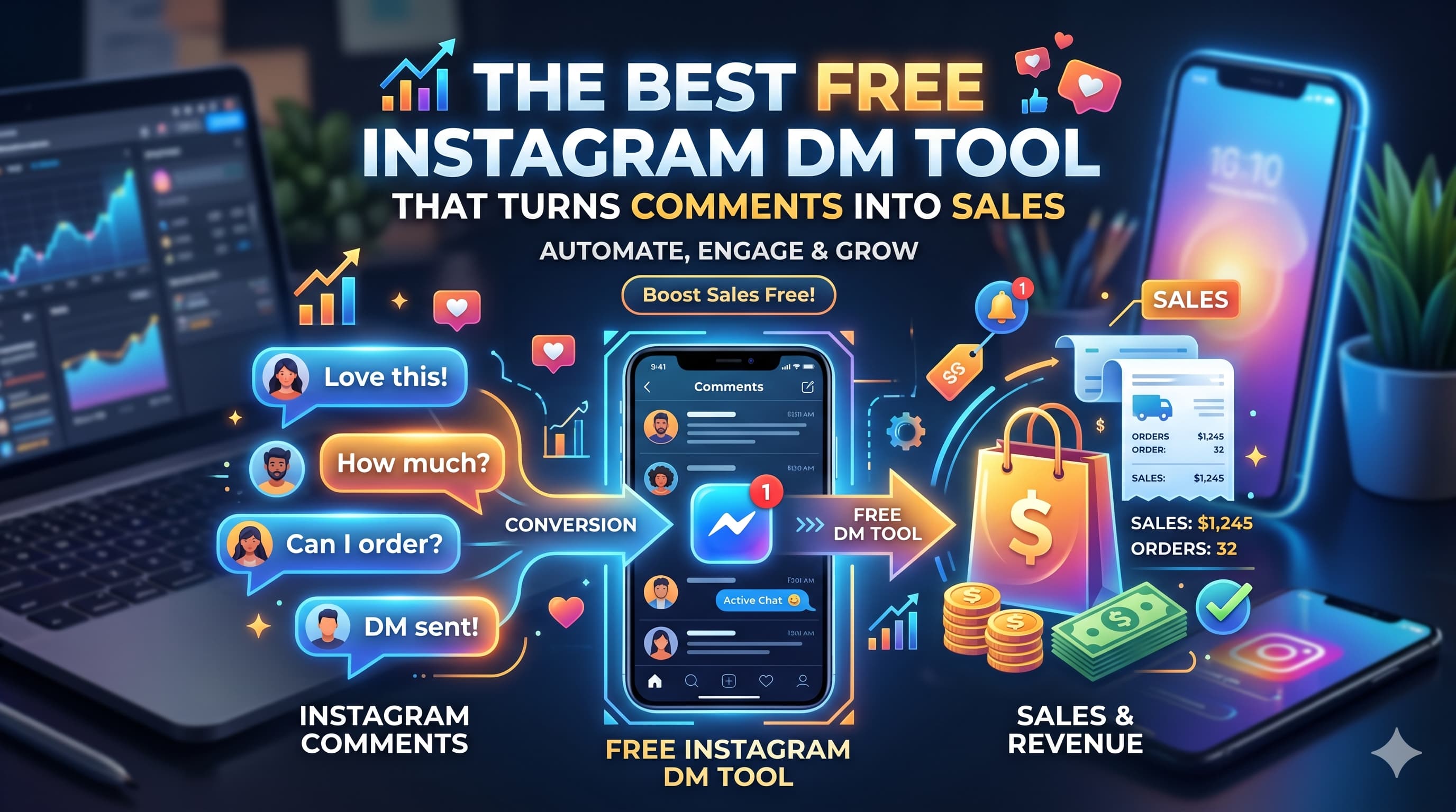 A vibrant, modern digital infographic and hero image titled THE BEST FREE INSTAGRAM DM TOOL THAT TURNS COMMENTS INTO SALES. The image illustrates a workflow on a dark workspace background next to a laptop. On the left, a column labeled INSTAGRAM COMMENTS shows user chat bubbles with questions like How much? and Can I order?. These flow into a central smartphone screen labeled FREE INSTAGRAM DM TOOL featuring a chat automation icon.