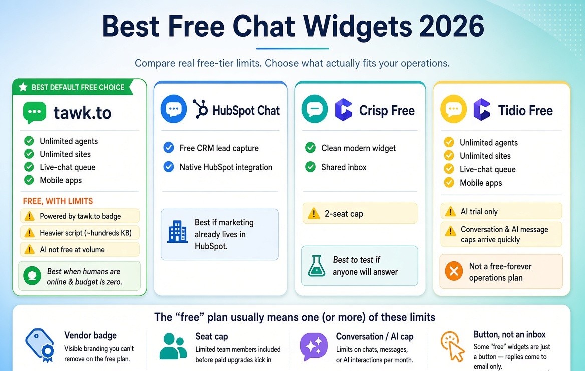 Infographic showing a laptop with a lightweight chat widget on a product page. Key metrics displayed: +20% conversion lift and 2.8× more likely to convert. Side panels compare a heavy 700 KB widget versus a 50 KB bubble, WhatsApp and Messenger options, and AI cost meters. Bottom row highlights the three conditions for installing a widget — Answer, Automate, Capture — with a contact form as the quiet alternative when none apply.