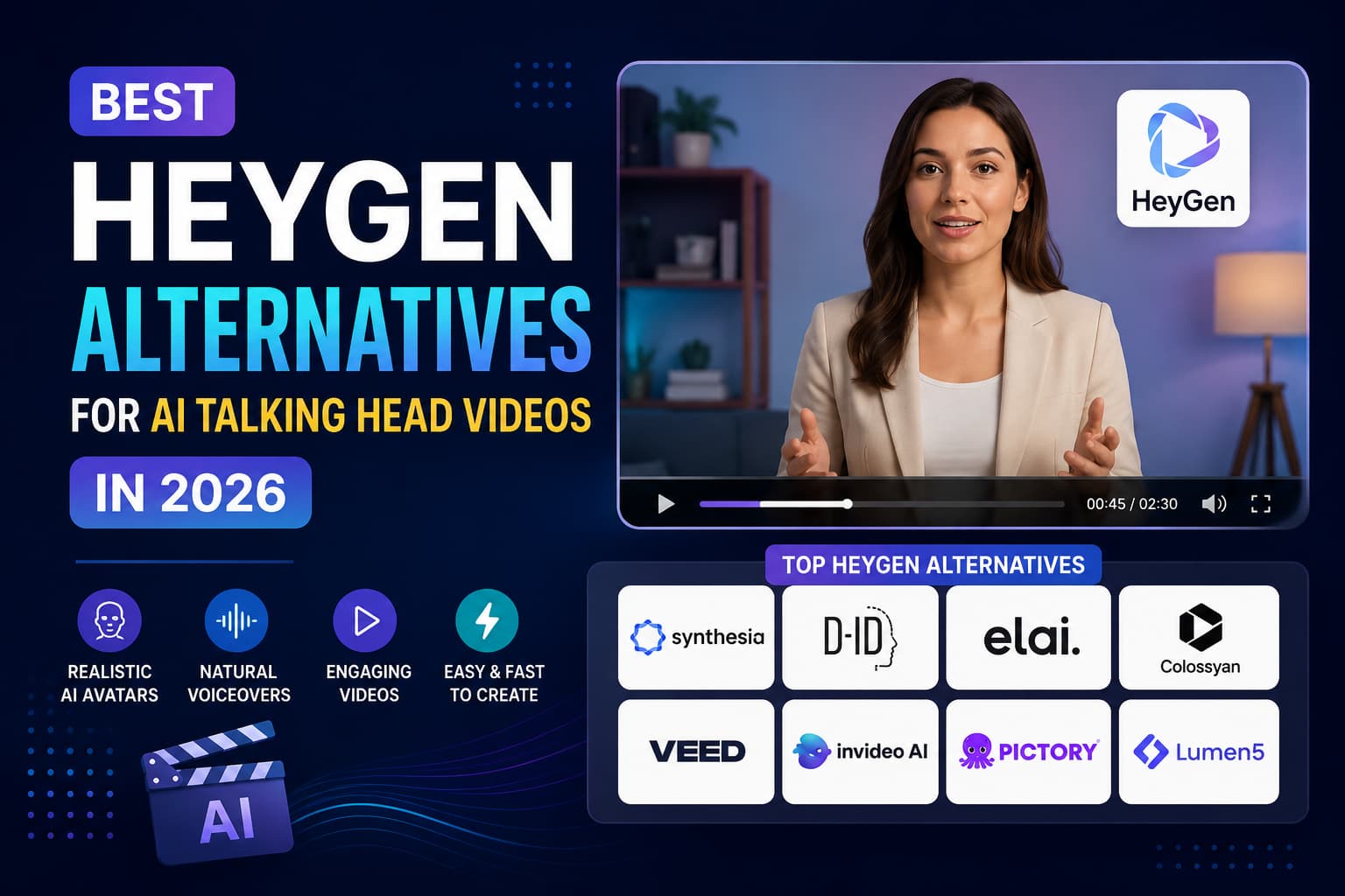 Best HeyGen alternatives for AI talking head videos in 2026, featuring an AI presenter and popular AI video platforms.