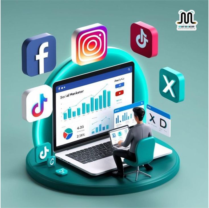 Concept art for Instagram DM automation and social media management tools, featuring a digital marketer analyzing performance data across multiple platforms including Instagram, TikTok, and Facebook.