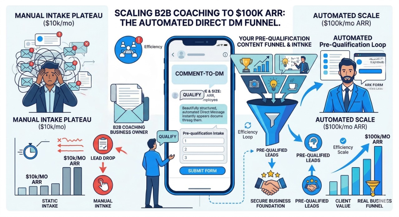 Infographic comparing a stressful manual lead intake process to an efficient automated direct DM and pre-qualification funnel for scaling a B2B coaching business to $100K ARR.