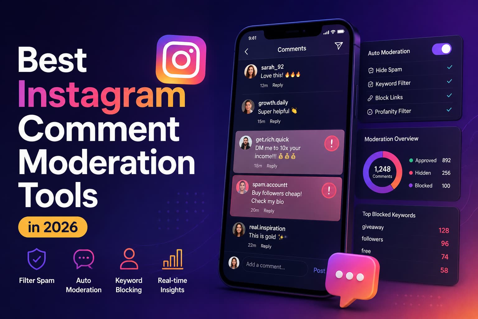 Instagram comment moderation tools dashboard showing spam filtering, keyword blocking, auto moderation, and real-time comment insights in 2026.