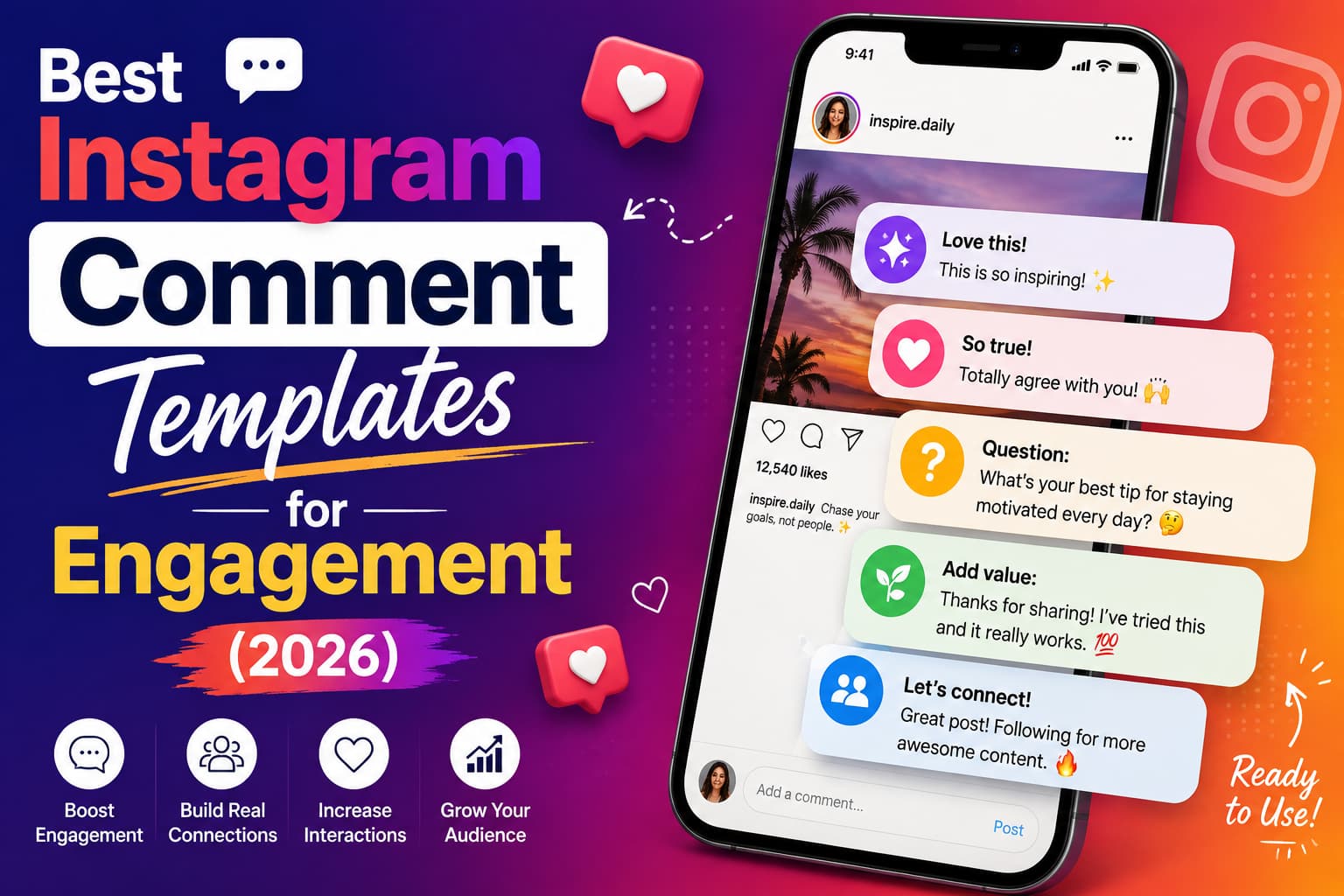 Hero image for a 2026 guide to Instagram comment templates, featuring a smartphone with ready-to-use comment examples for boosting engagement, building connections, increasing interactions, and growing an audience.