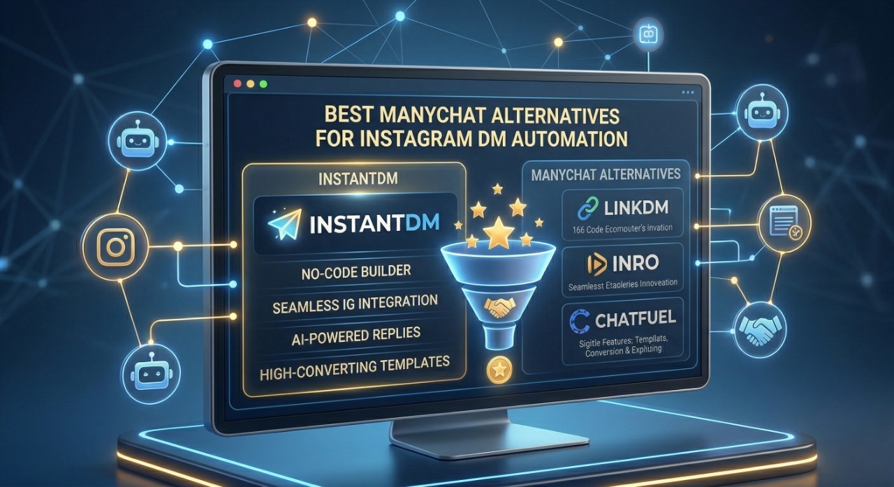 An infographic on a computer monitor titled \"Best Manychat Alternatives for Instagram DM Automation\", highlighting InstantDM's features alongside other alternatives like LinkDM, INRO, and Chatfuel.