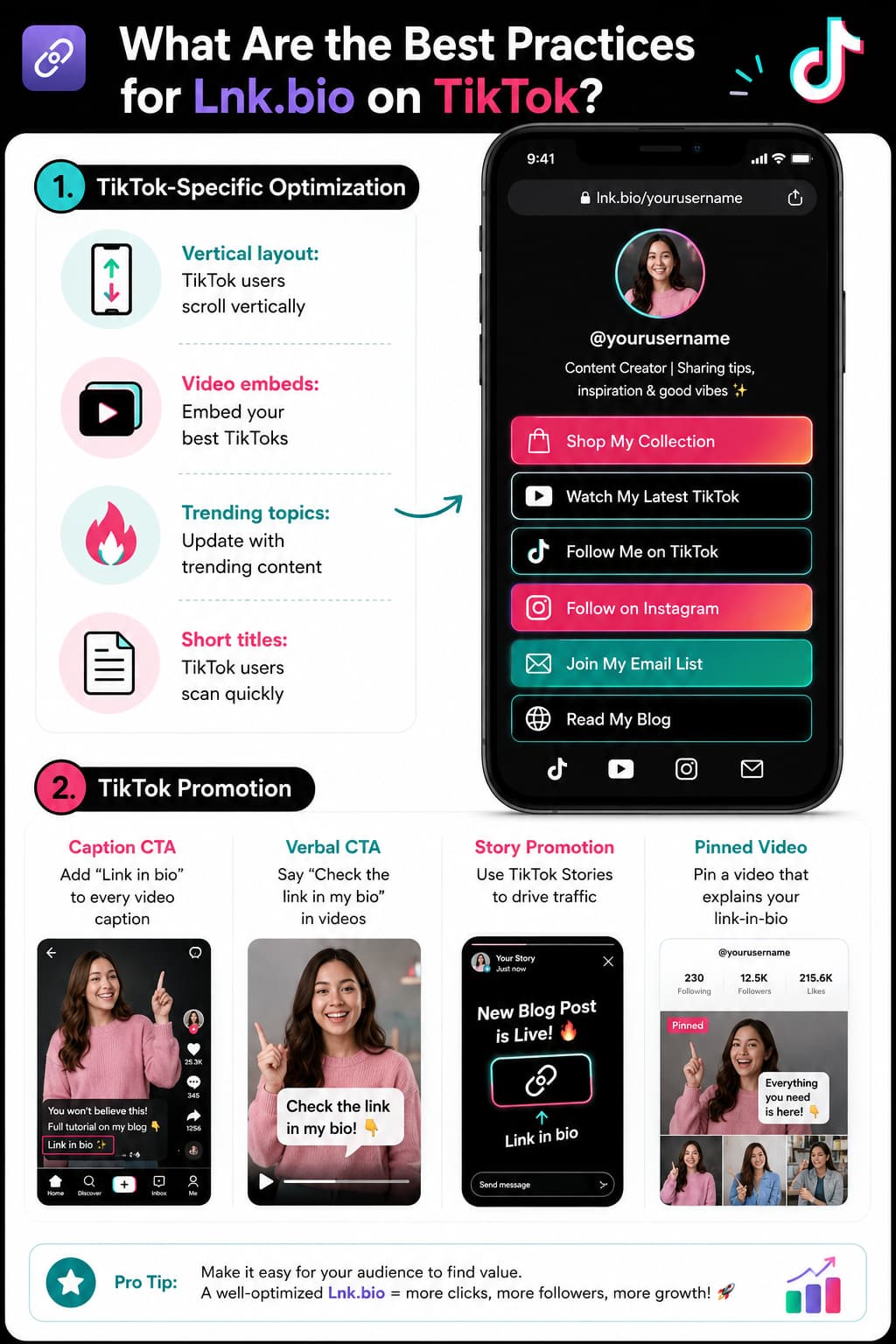 Infographic highlighting the best practices for using Lnk.bio on TikTok, including vertical page design, embedding TikTok videos, updating trending content, using short link titles, and promoting the bio link through captions, verbal calls to action, Stories, and pinned videos.