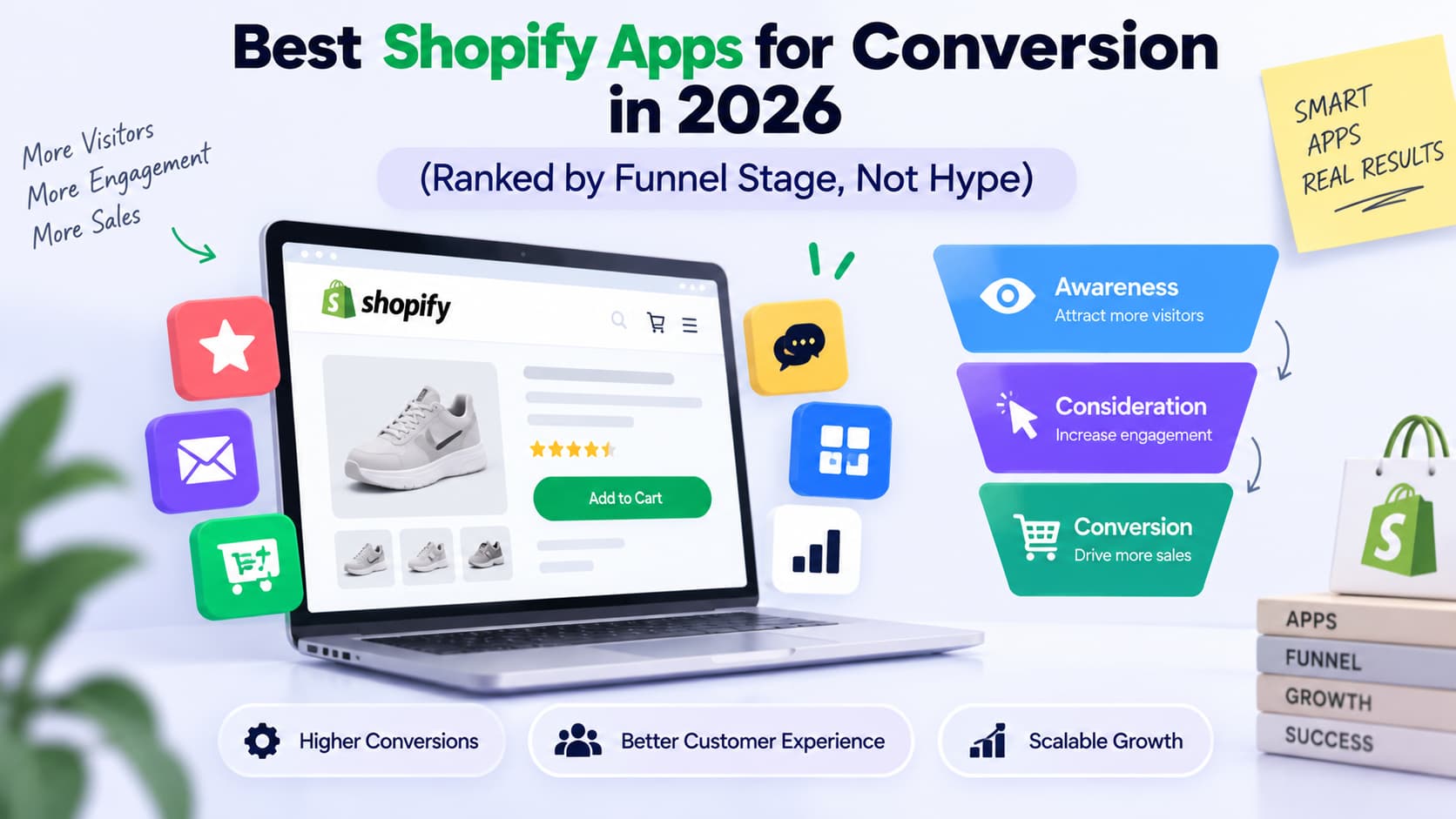 Best Shopify apps for conversion in 2026, organized by ecommerce funnel stages—awareness, consideration, and conversion—with a Shopify store, app icons, and growth metrics.