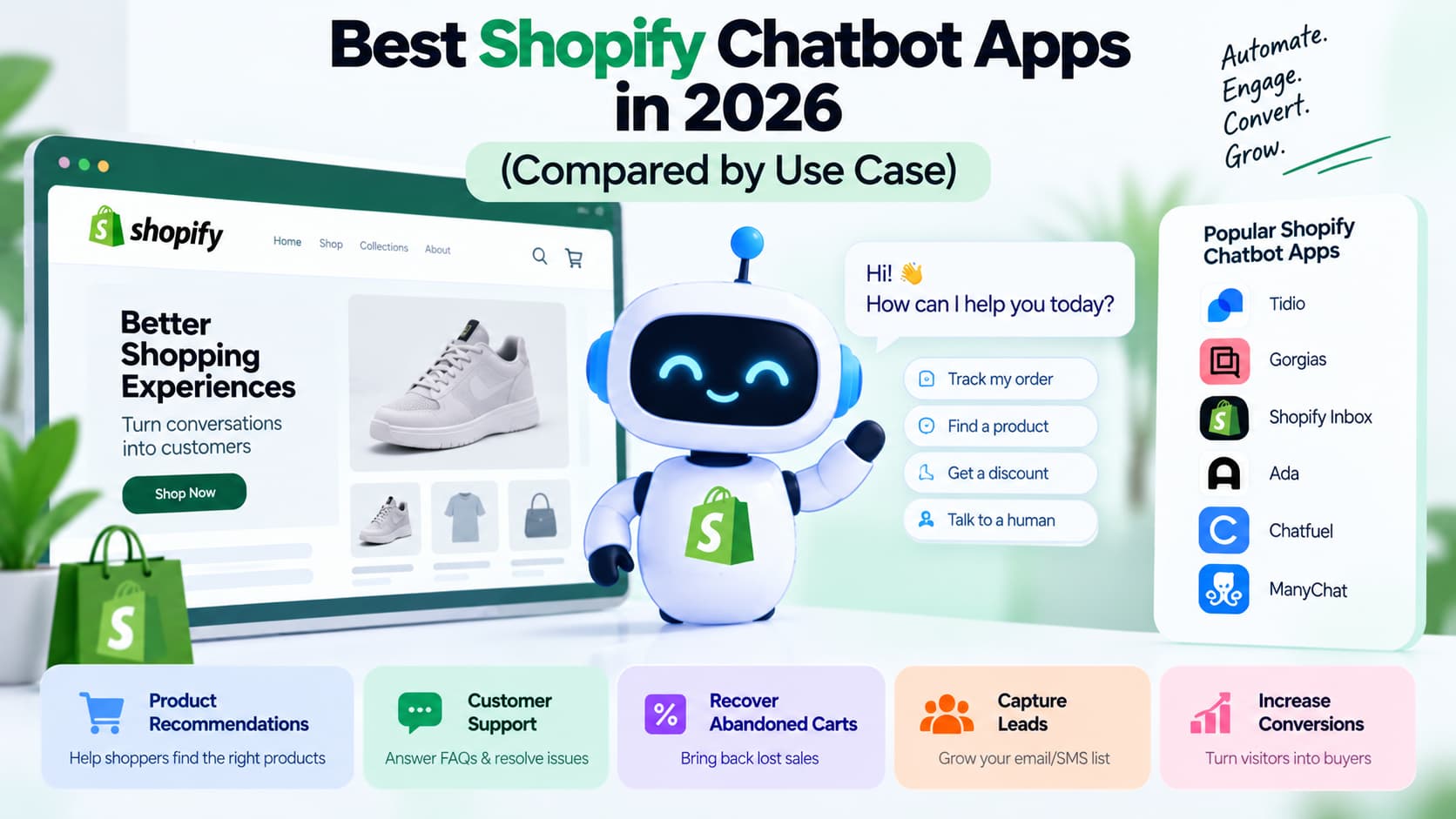 Best Shopify chatbot apps in 2026 compared by use case, showing an AI chatbot, Shopify store, popular chatbot apps, product recommendations, customer support, cart recovery, lead capture, and conversion features.