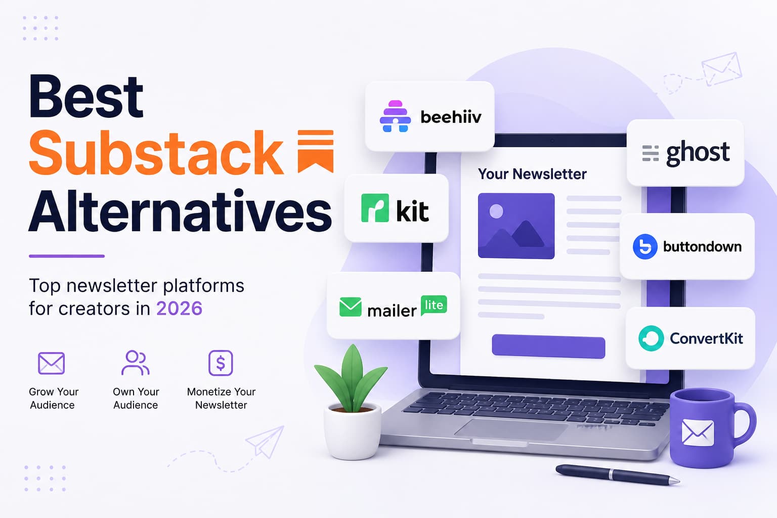 Modern SaaS-style illustration featuring a central laptop displaying a newsletter dashboard with email analytics, subscriber growth charts, and a content editor. Surrounding the laptop are eight floating glassmorphism cards with icons for monetization, automation, and analytics, connected by glowing lines. Soft pastel purple and green gradients frame the composition on a light background with the title text 8 Best Substack Alternatives for Newsletter Writers in 2026 displayed on the top left.