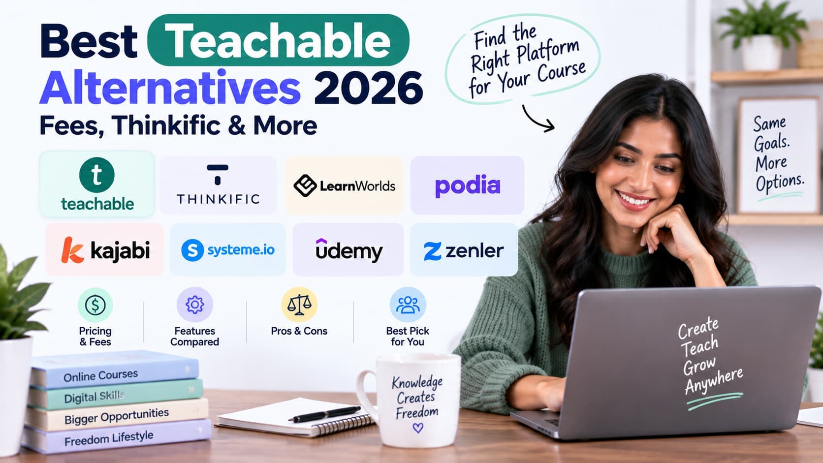 Best Teachable alternatives in 2026 compared by pricing, fees, features, pros and cons, including Thinkific, Kajabi, Podia, LearnWorlds, and other course platforms.