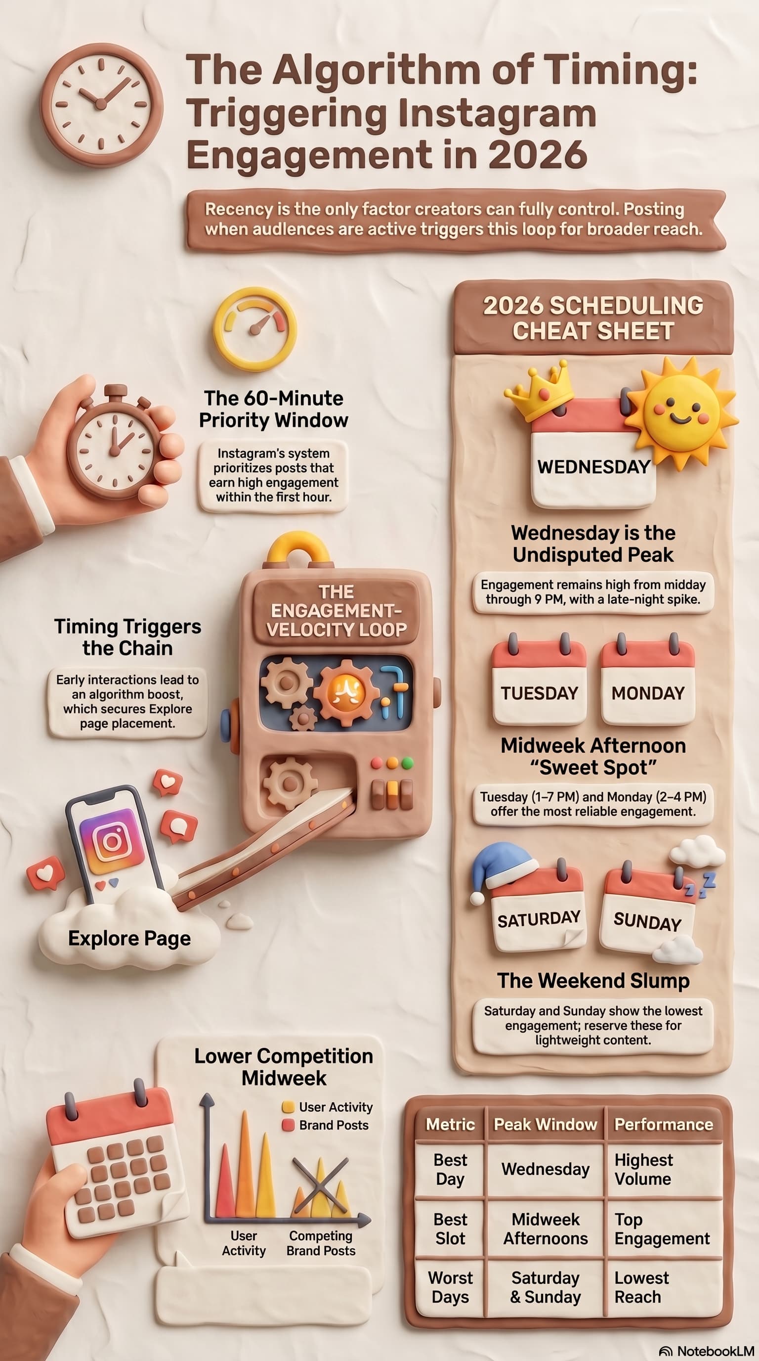 Infographic on 2026 Instagram timing algorithms, featuring mid-week engagement peak windows and a scheduling cheat sheet.