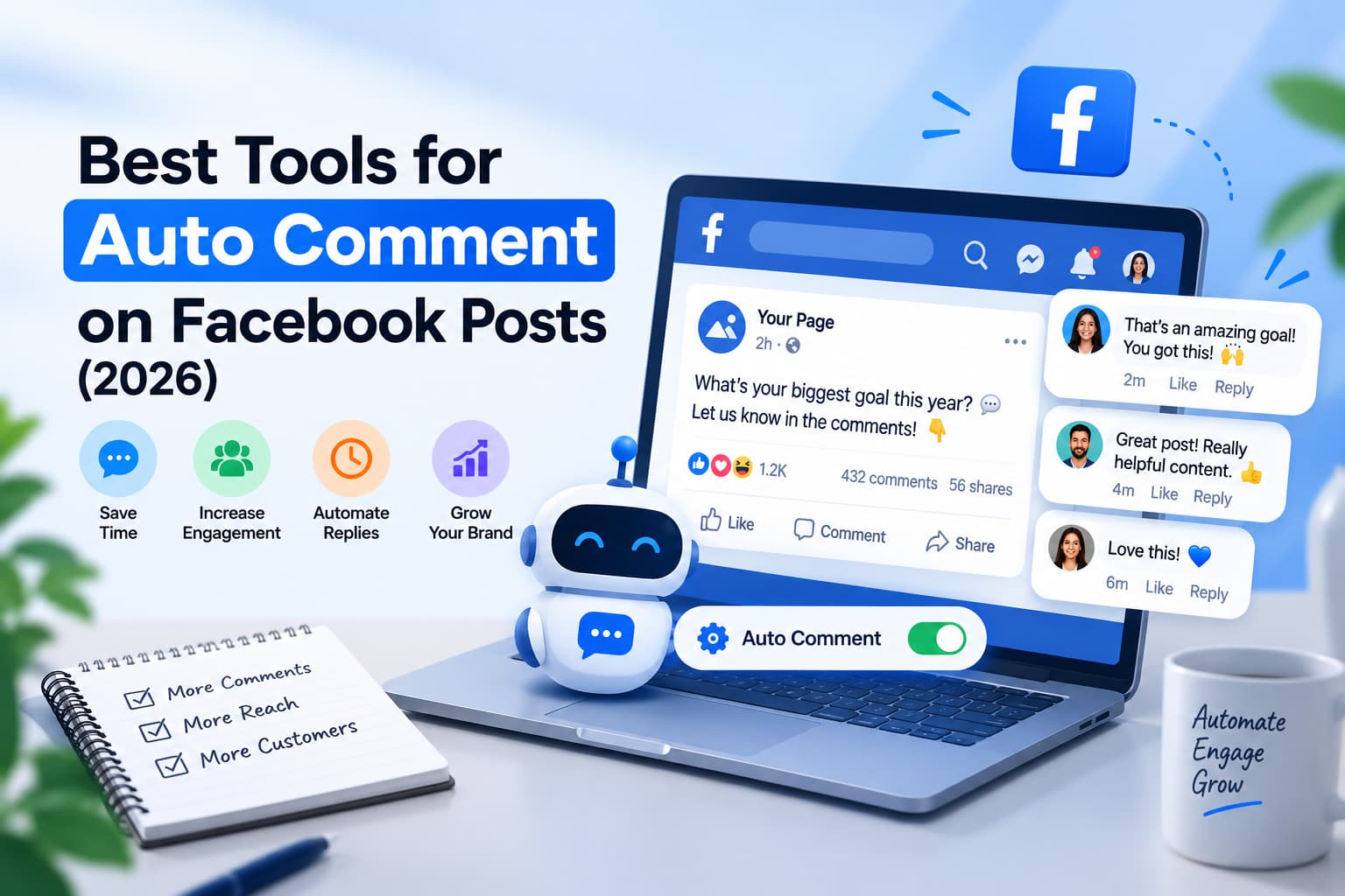 Best tools for auto commenting on Facebook posts in 2026, featuring a Facebook post, automated comment bubbles, and an auto-comment bot.