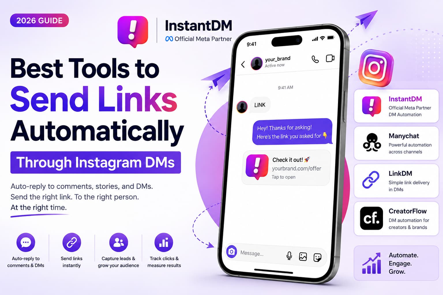 Best Instagram DM automation tools in 2026 for automatically sending links, featuring InstantDM, ManyChat, LinkDM, and CreatorFlow.