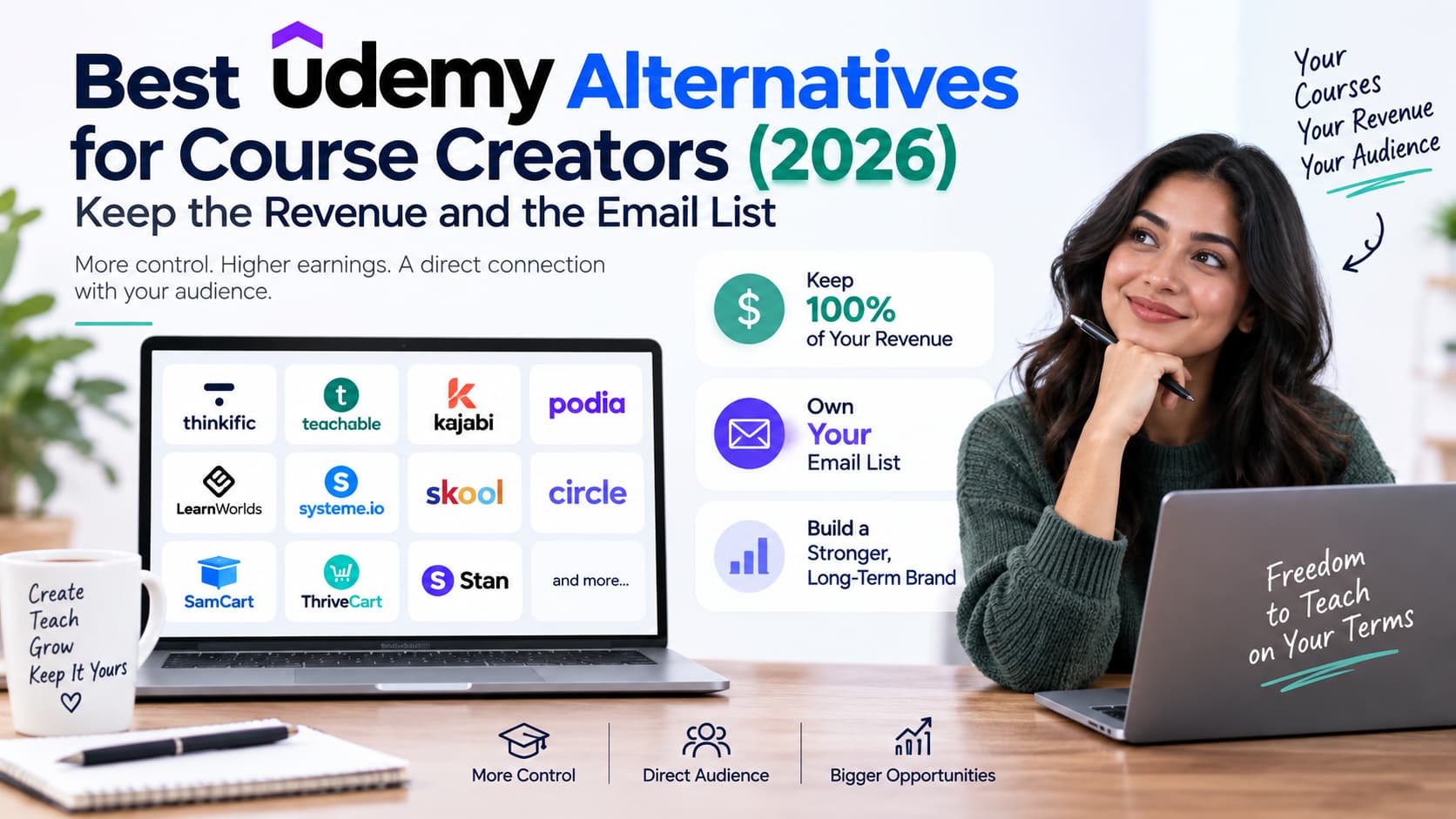 Best Udemy alternatives for course creators in 2026, highlighting platforms that help creators keep more revenue, own their email list, and build a direct audience.