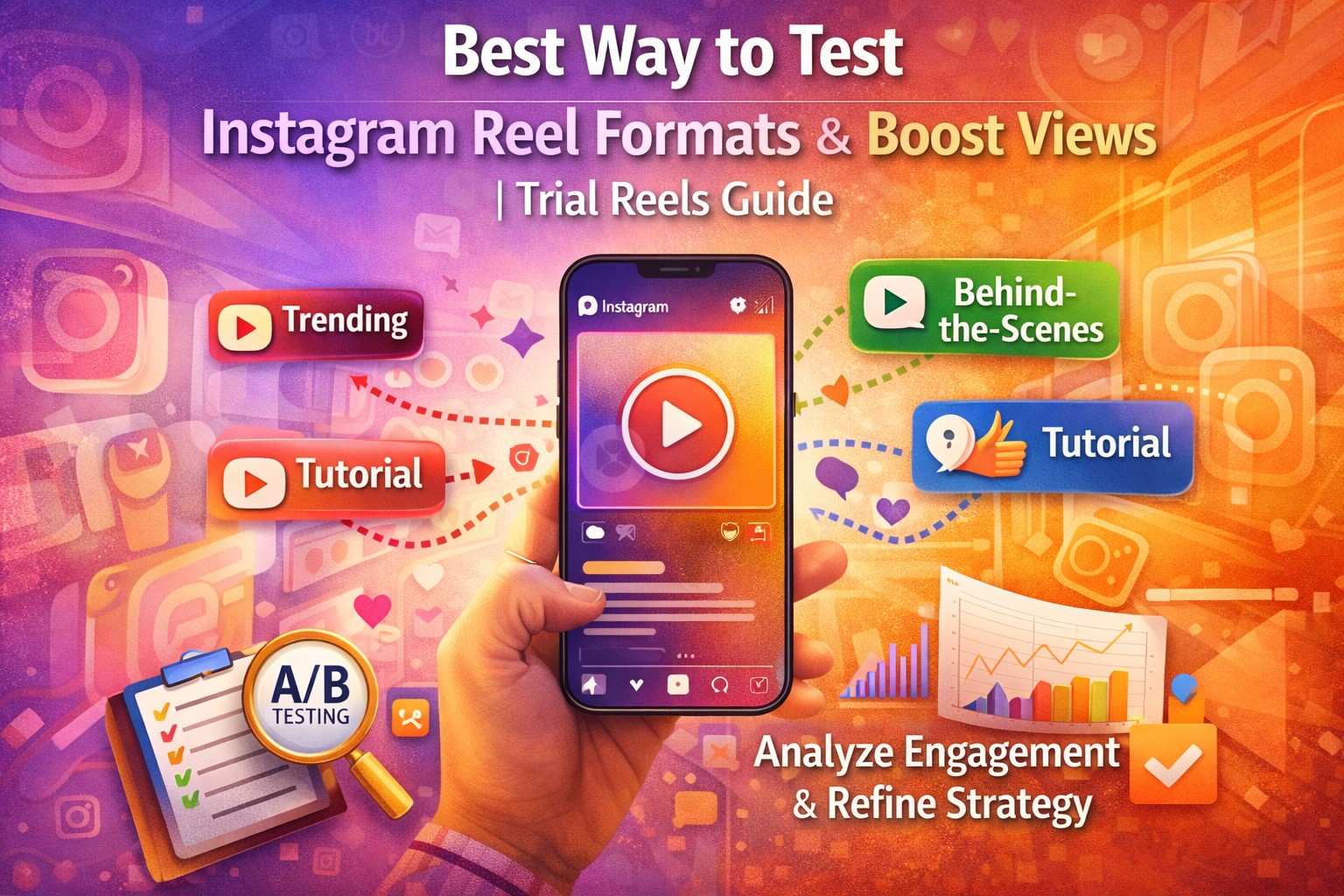 This vibrant infographic, titled "Best Way to Test Instagram Reel Formats & Boost Views | Trial Reels Guide," outlines a strategic approach to finding winning content for your brand.