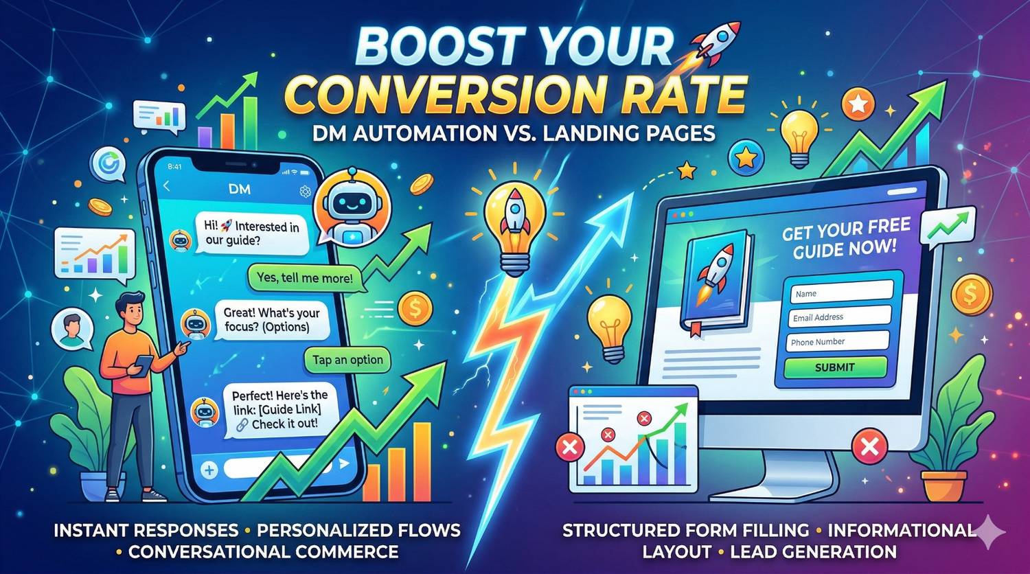 This vibrant infographic, titled "BOOST YOUR CONVERSION RATE: DM AUTOMATION VS. LANDING PAGES," provides a head-to-head comparison of two major digital marketing strategies.