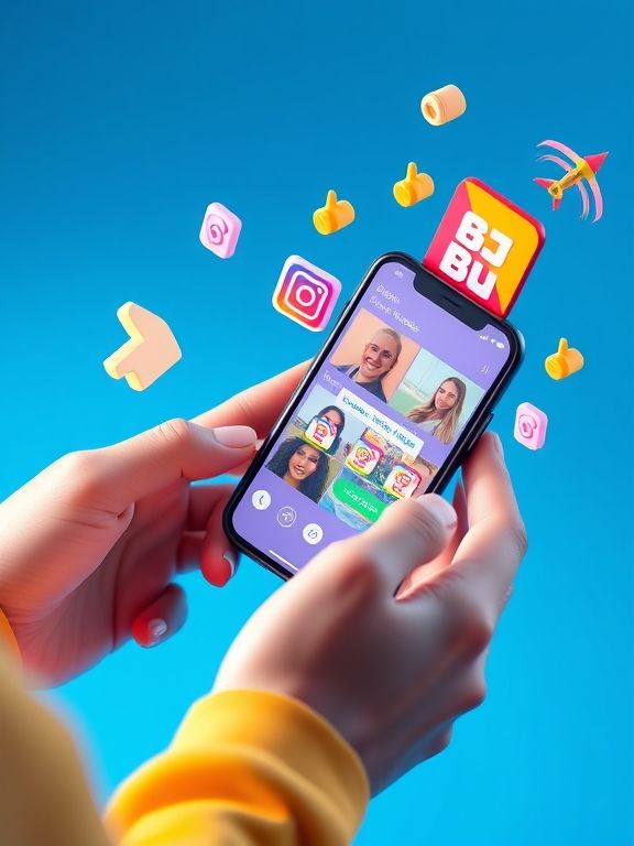 A close-up, stylized 3D graphic of a person's hands holding a smartphone displaying an Instagram Story interface with various faces and interactive elements. Surrounding the phone, colorful 3D icons like thumbs-up symbols, arrows, and Instagram logos float against a bright blue background, representing high user engagement and strategic story sticker interaction.