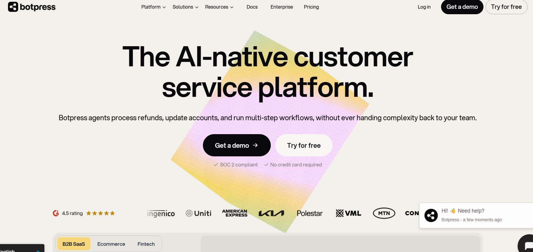 Botpress website hero section promoting an AI-native customer service platform that automates refunds, account updates, and multi-step workflows, with demo and free trial buttons.