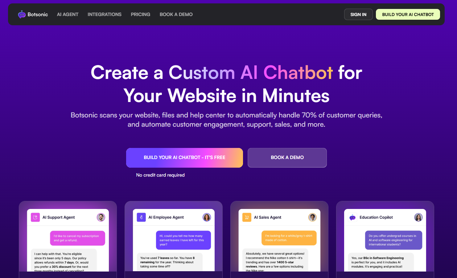 Botsonic AI chatbot platform homepage showing custom AI chatbots for website support, sales, employee assistance, and education.