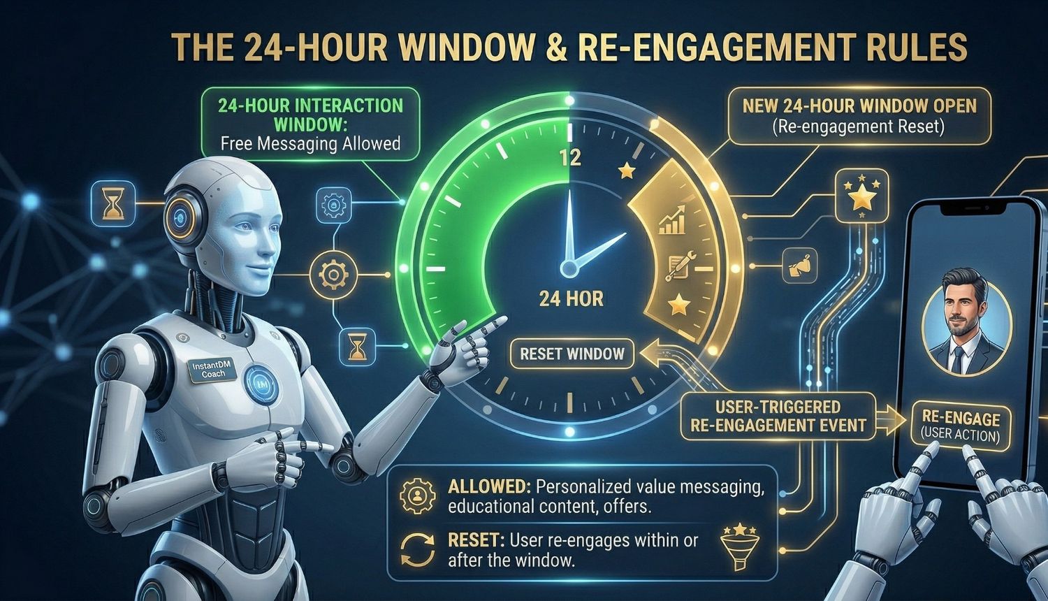 Futuristic infographic featuring an "InstantDM Coach" robot explaining the "24-Hour Window & Re-engagement Rules" for Instagram messaging through a digital clock interface.