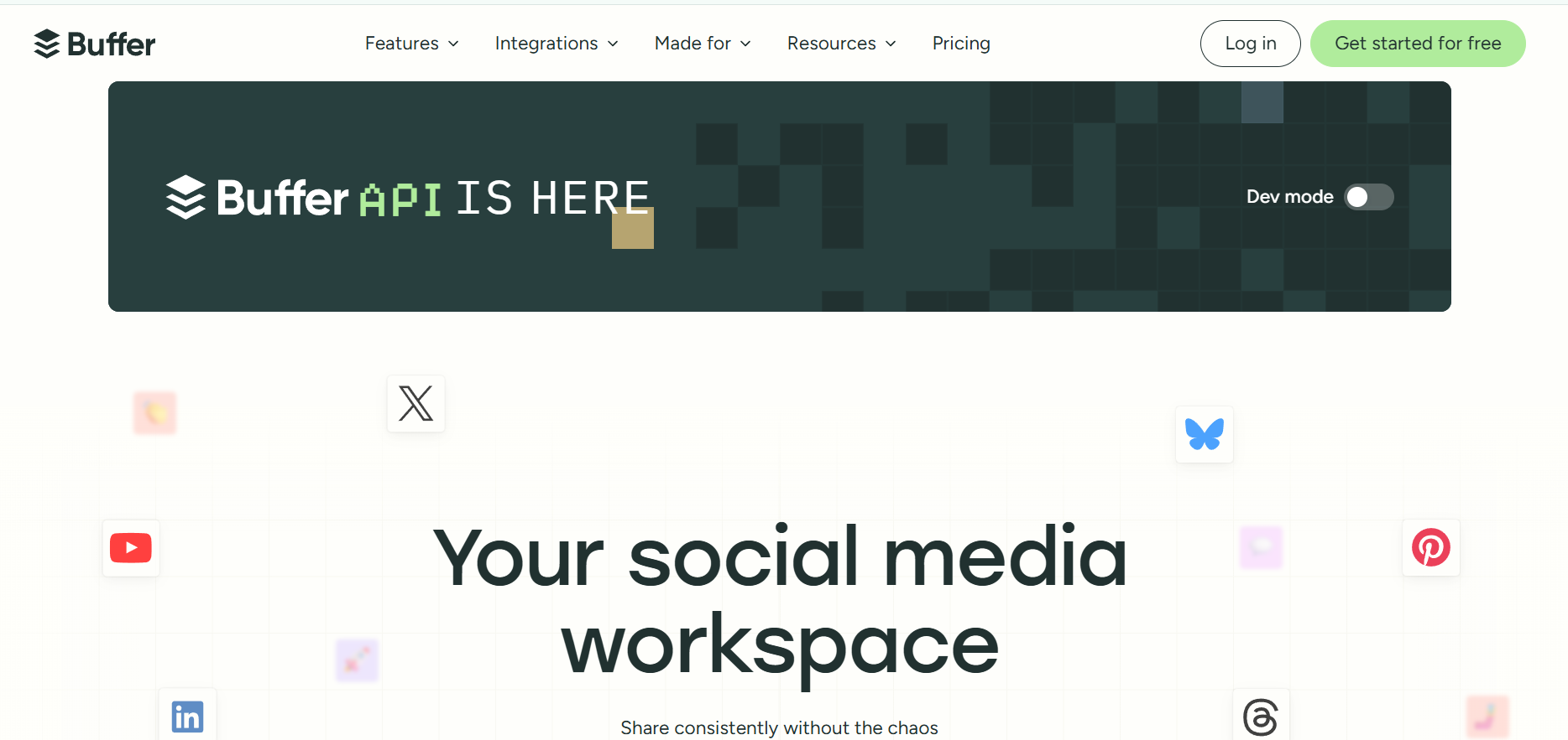 A screenshot of the Buffer website homepage featuring a top navigation bar and a central bold headline reading 
