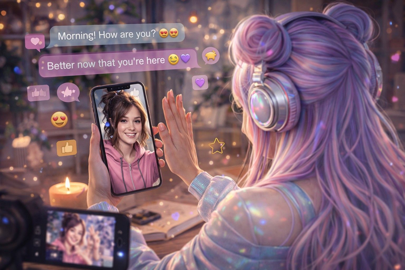 Gemini said A digital avatar with pastel pink and purple hair interacts with a follower via a smartphone, surrounded by floating chat bubbles and heart icons. The scene illustrates an intimate, high-engagement connection between a virtual influencer and their community in a cozy, candlelit setting.