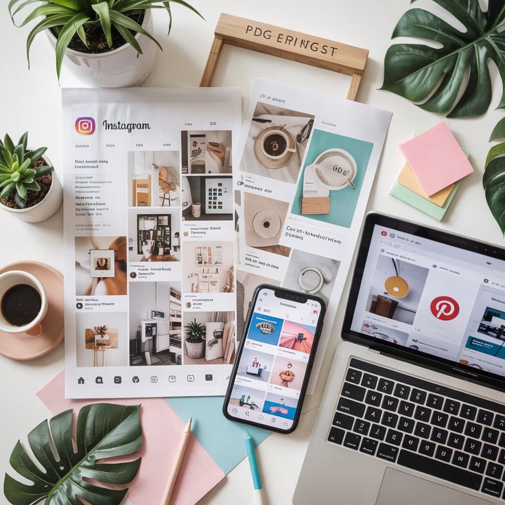 A top-down flat lay photograph of a stylish workspace dedicated to social media planning. On a white desk, there are printed layout mockups of an Instagram profile and aesthetic image mood boards. In the center, a smartphone lies flat displaying a photo grid interface, next to an open laptop showing a webpage with the Pinterest logo. The arrangement is accessorized with a cup of black coffee on a pink saucer, potted succulents, large green monstera leaves, stacked colorful sticky notes, pens, and a small wooden desk stand
