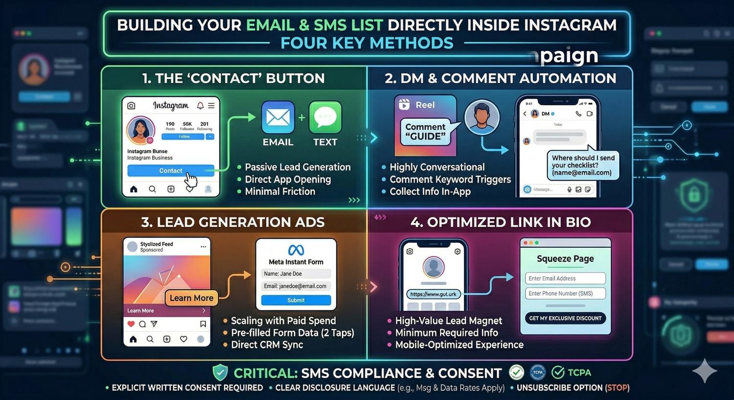 This infographic outlines four effective strategies for capturing lead data without forcing users to leave the Instagram app.