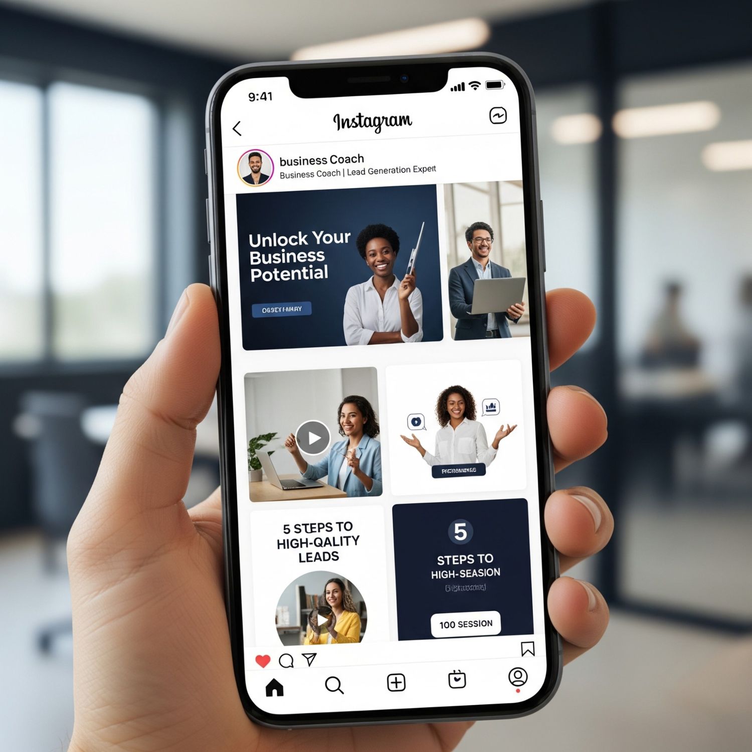 A hand holding a smartphone displaying an Instagram profile for a "Business Coach | Lead Generation Expert" with a grid of posts about unlocking business potential and steps to high-quality leads.