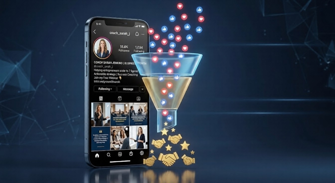 A digital illustration of a smartphone displaying an Instagram profile for "Coach Sarah Jenkins" with a sales funnel emerging from the screen, converting social media likes and hearts into handshakes and stars.