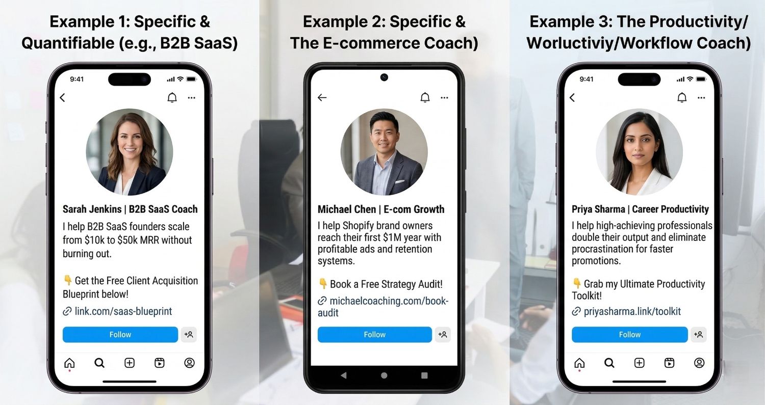 Three smartphone mockups displaying examples of optimized Instagram business bios for a B2B SaaS Coach, an E-commerce Growth Coach, and a Career Productivity Coach.