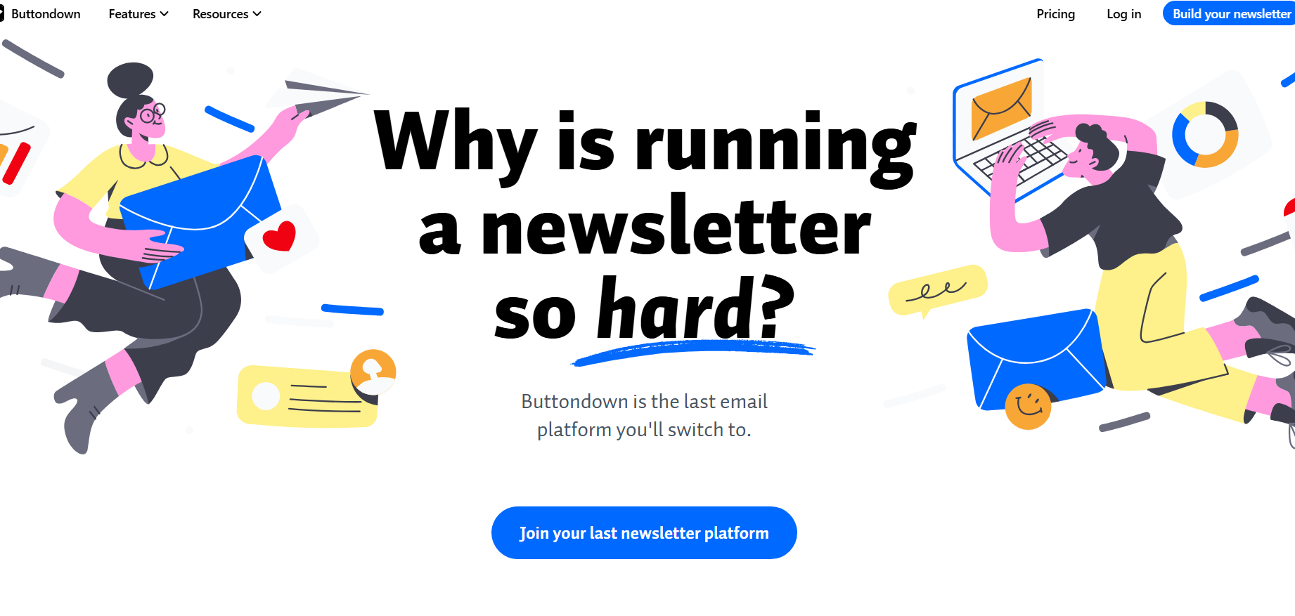 Buttondown homepage featuring the headline 