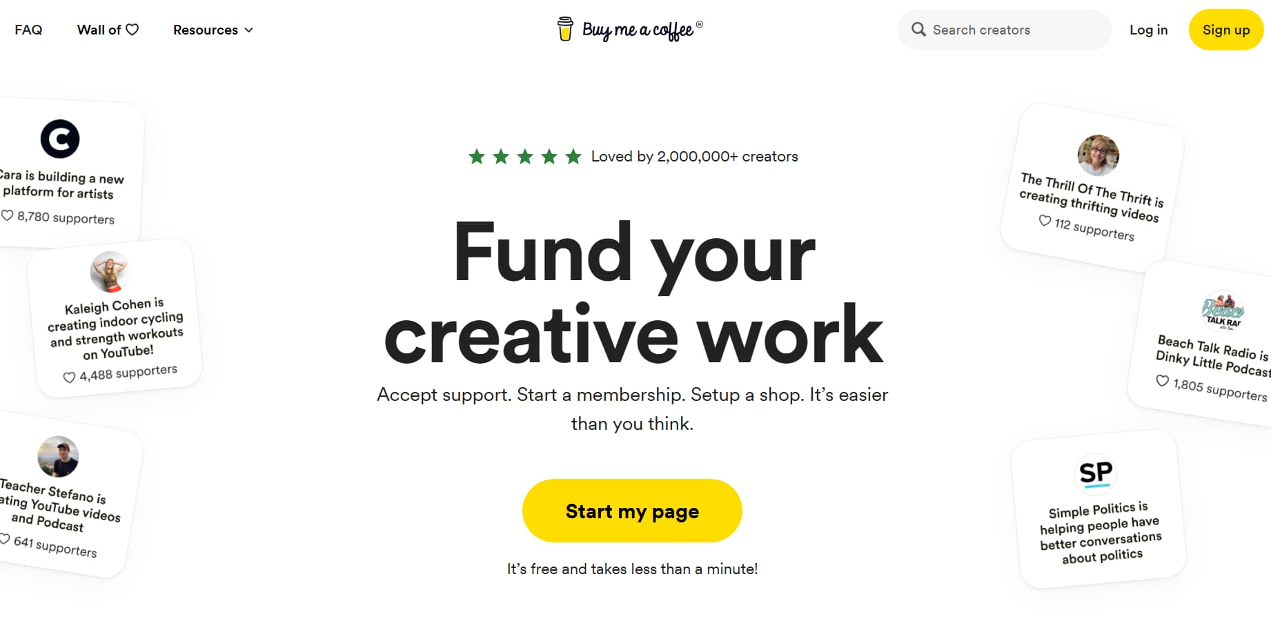 Screenshot of the Buy Me a Coffee homepage featuring the headline