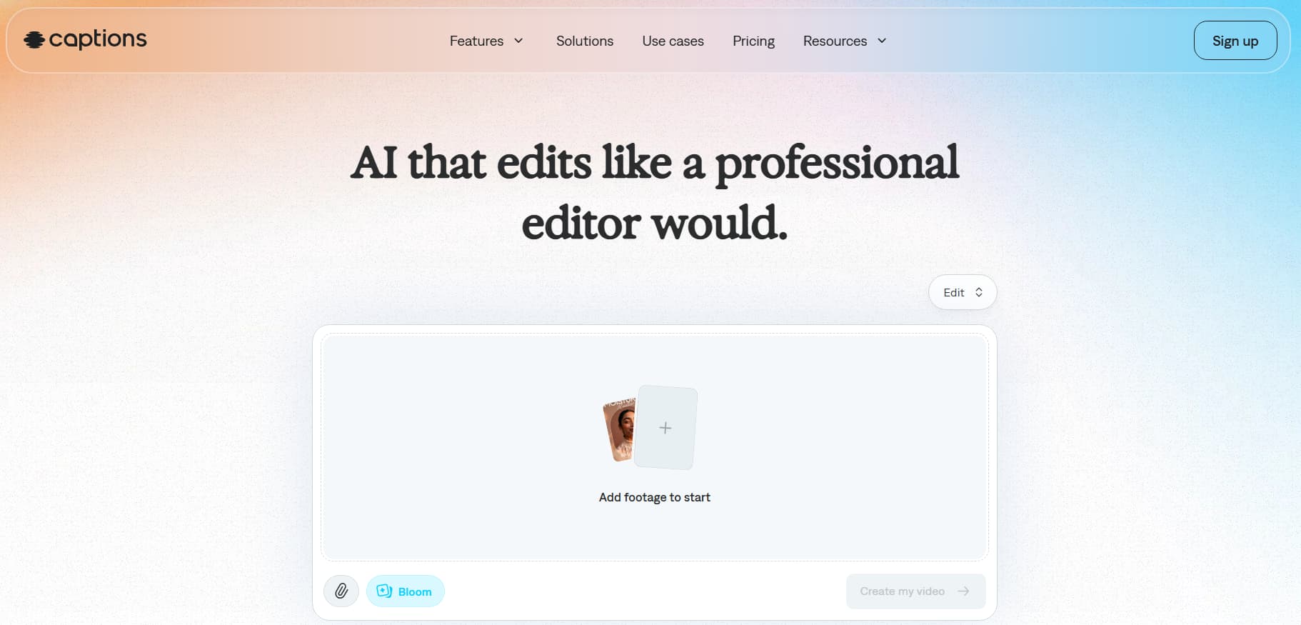 Screenshot of the Captions homepage featuring the headline 