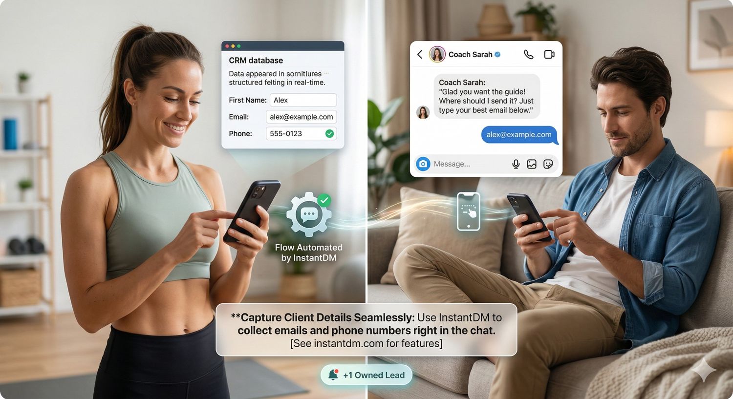 Split-screen digital illustration titled "Capturing Client Details Seamlessly" showing a creator on the left with a CRM database update and a follower on the right providing his email in a DM chat, powered by InstantDM.