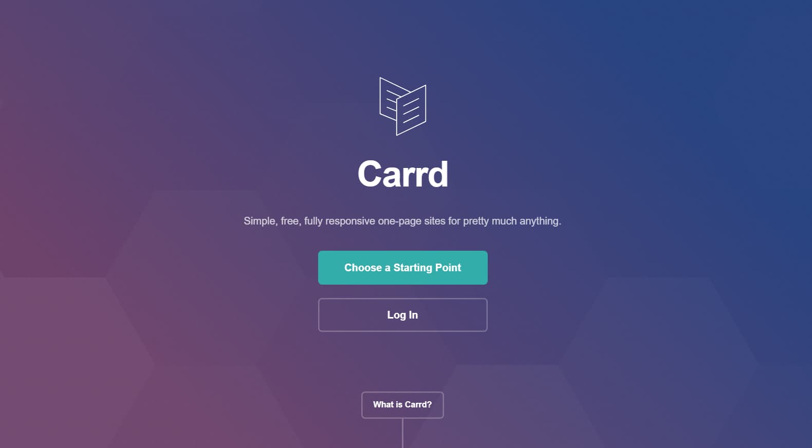 Carrd homepage with a blue and purple gradient background, featuring the tagline 