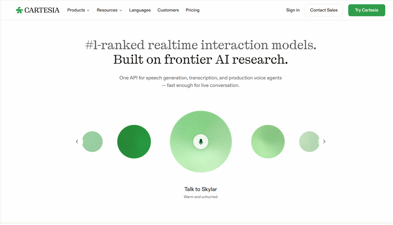 Cartesia homepage featuring real-time interaction models and an API for speech generation, transcription, and production voice agents, with a voice interface labeled “Talk to Skylar.”