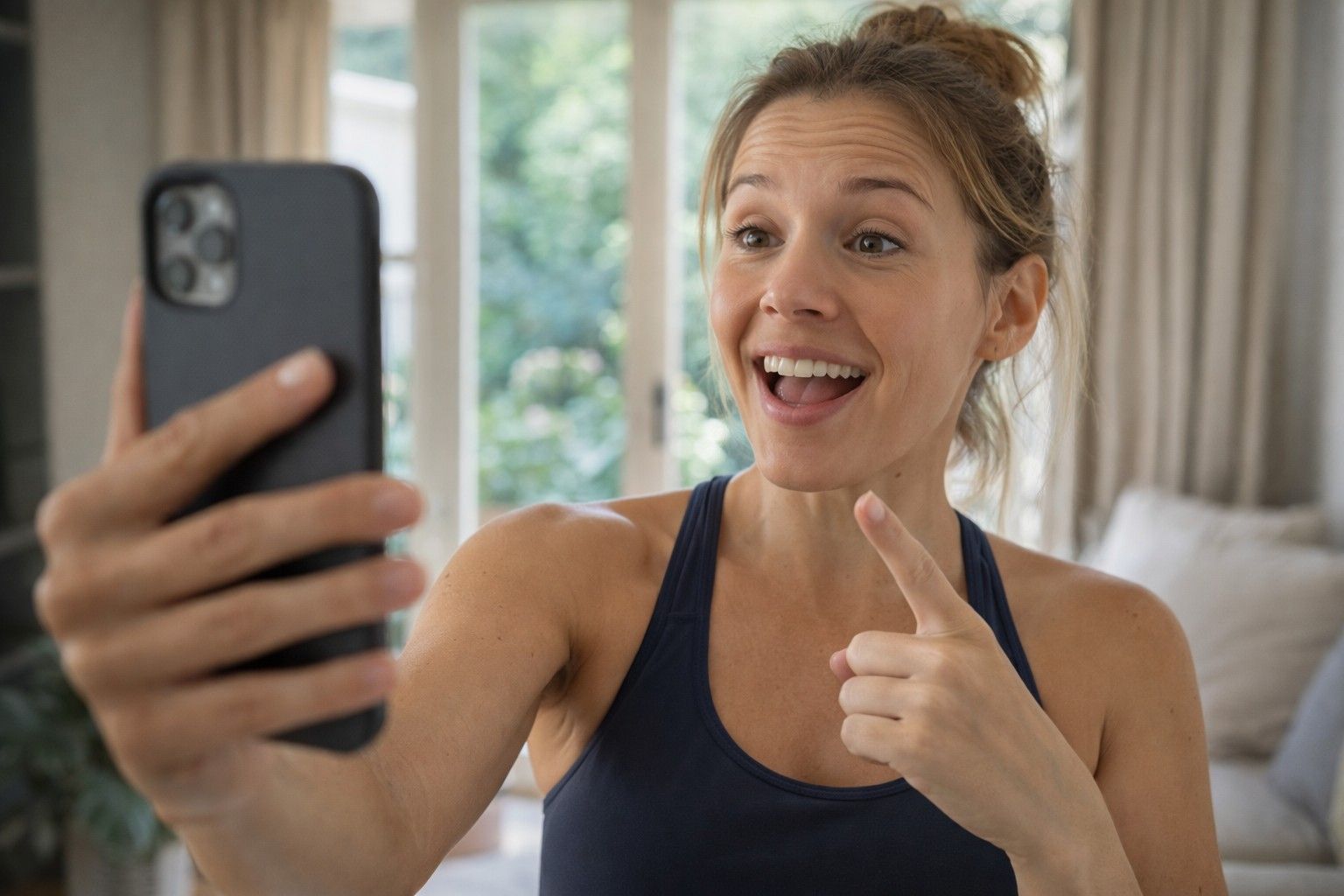 A close-up of a smiling woman recording a casual vlog or selfie video on her smartphone in a brightly lit living room, pointing toward the screen with an excited expression.