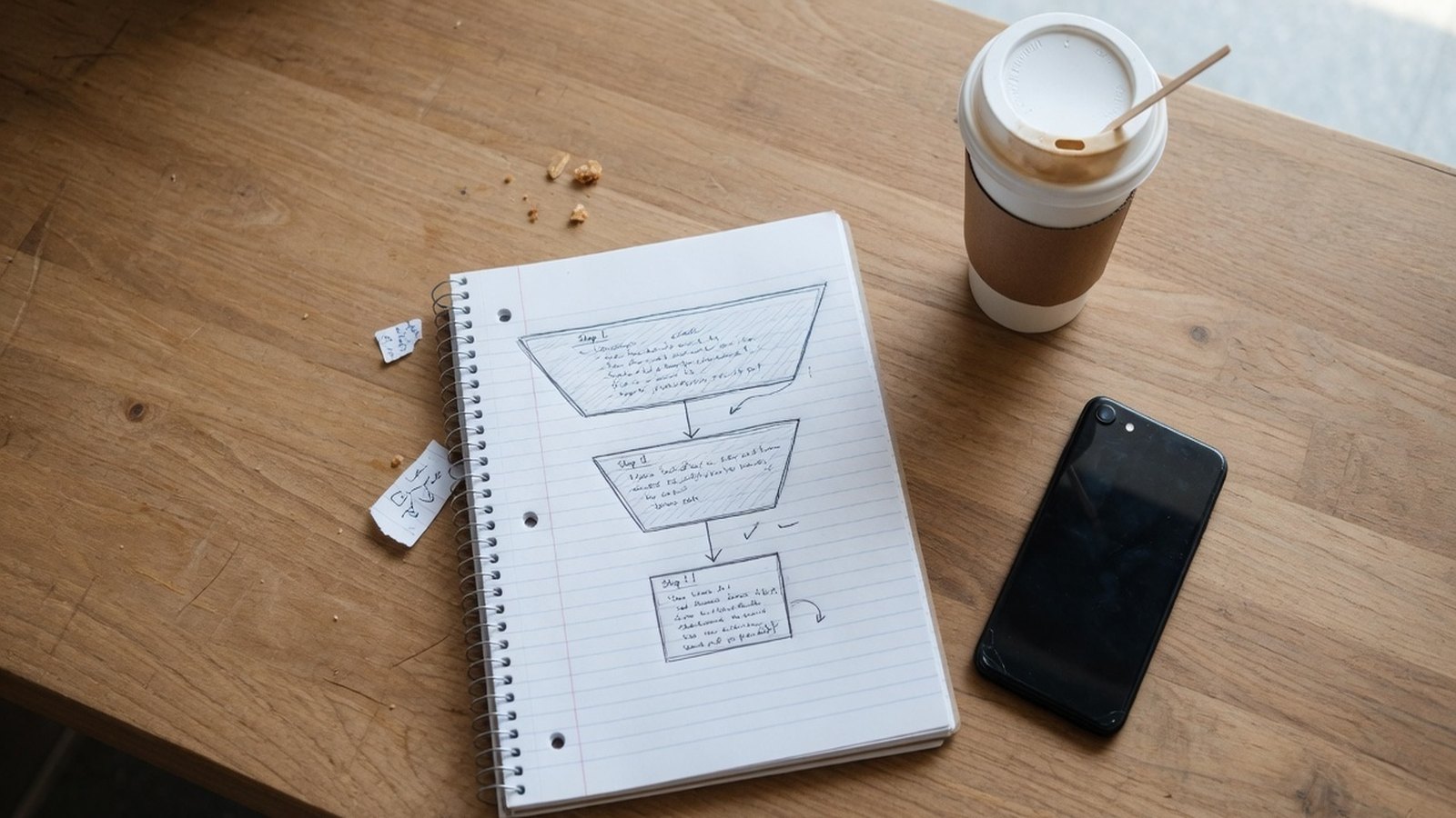 Notebook with a simple funnel sketch next to a phone