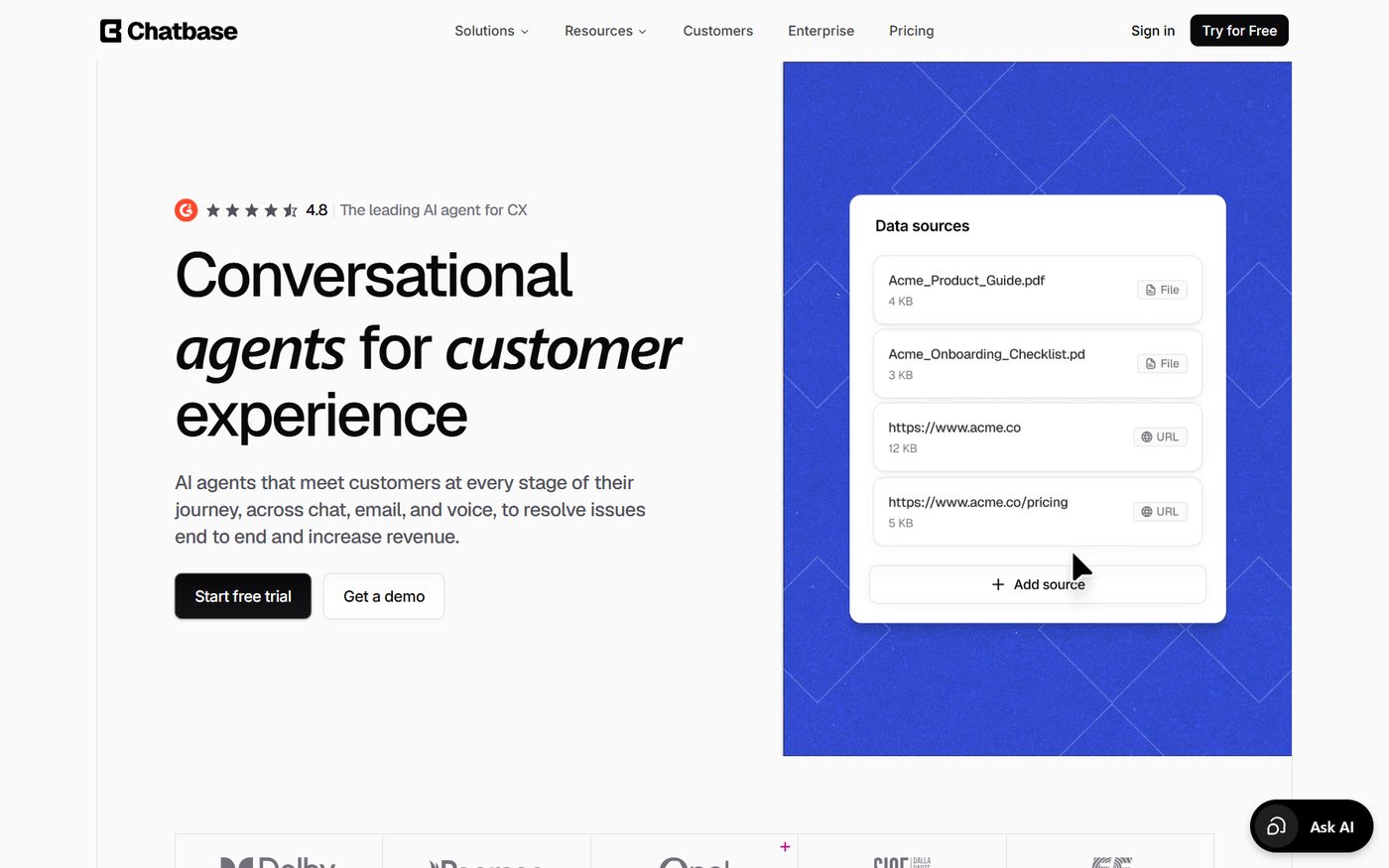 Chatbase homepage screenshot, August 2026