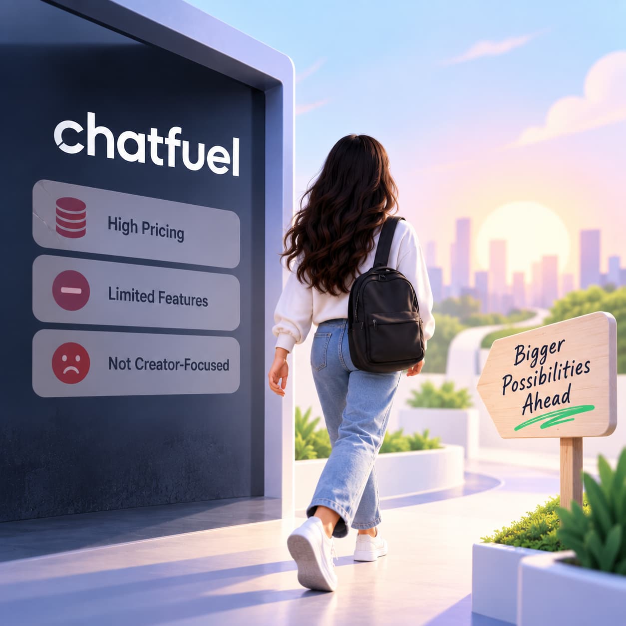 Creator leaving Chatfuel due to high pricing and limited features, walking toward bigger possibilities.