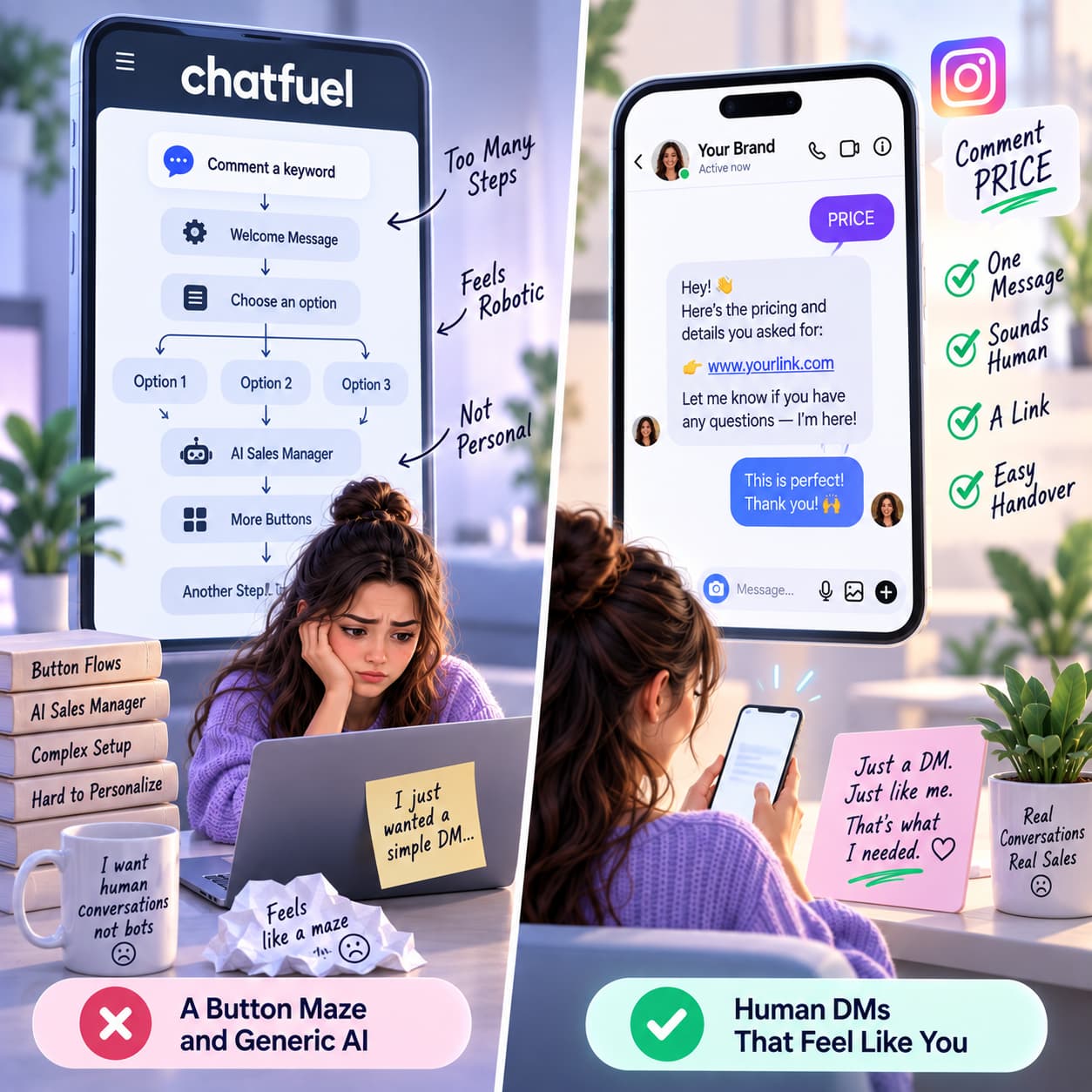 Chatfuel’s complex button flow contrasted with a simple, human-style Instagram DM containing a price and link.