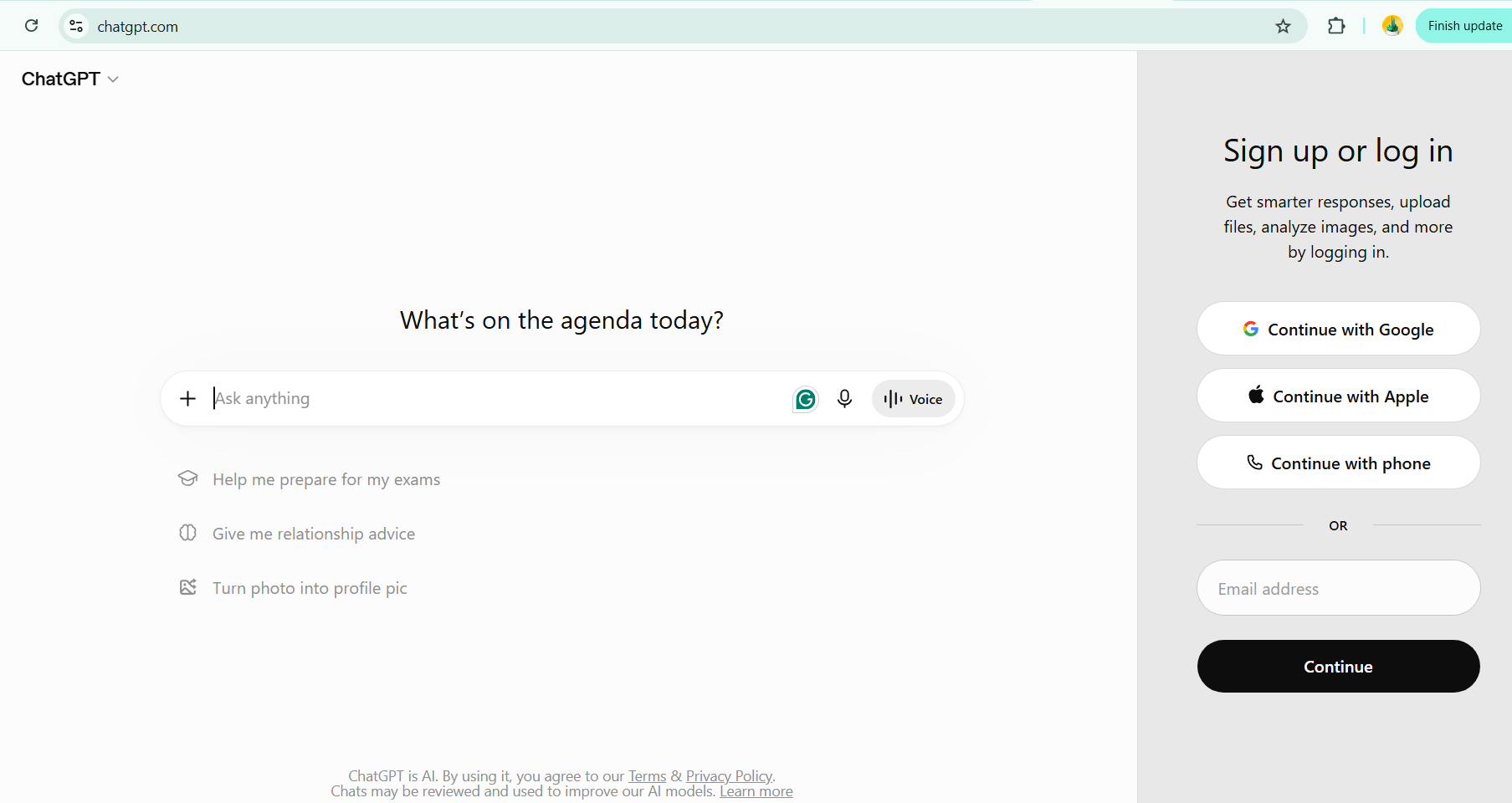 "Screenshot of the ChatGPT homepage showing the prompt 'What's on the agenda today?' with an input box for entering questions. The right sidebar displays sign-up and login options, including Continue with Google, Apple, phone, or email. Suggested prompts such as exam preparation, relationship advice, and turning a photo into a profile picture are shown below the search bar.”
